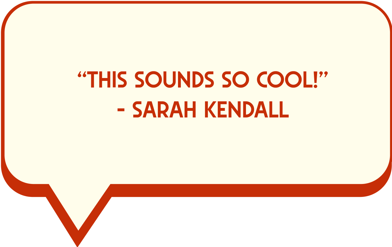 Red speech bubble with pixelated text reading 'This sounds so cool!' on cream background.