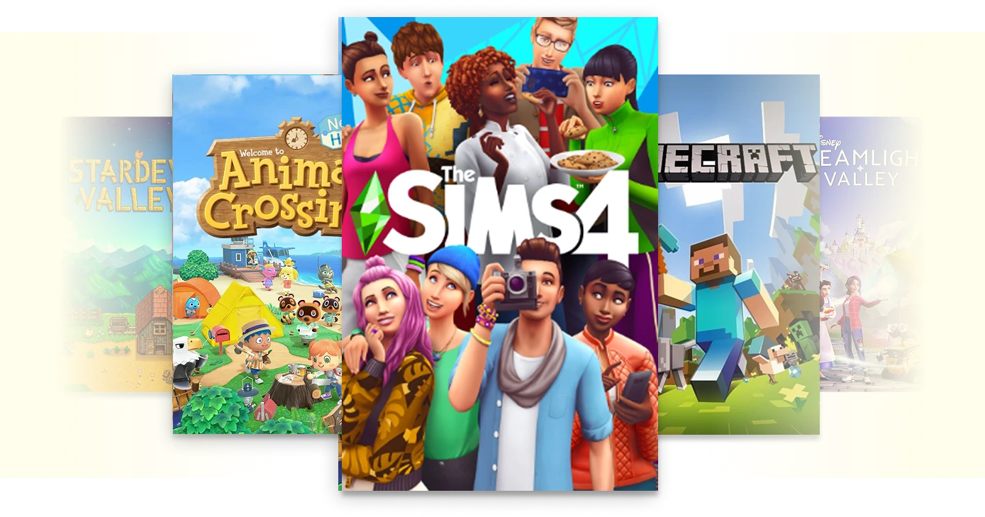 Collage of popular video game artwork including Stardew Valley, The Sims 4, Animal Crossing: New Horizons, and Minecraft, with Animal Crossing prominently featured in the center.