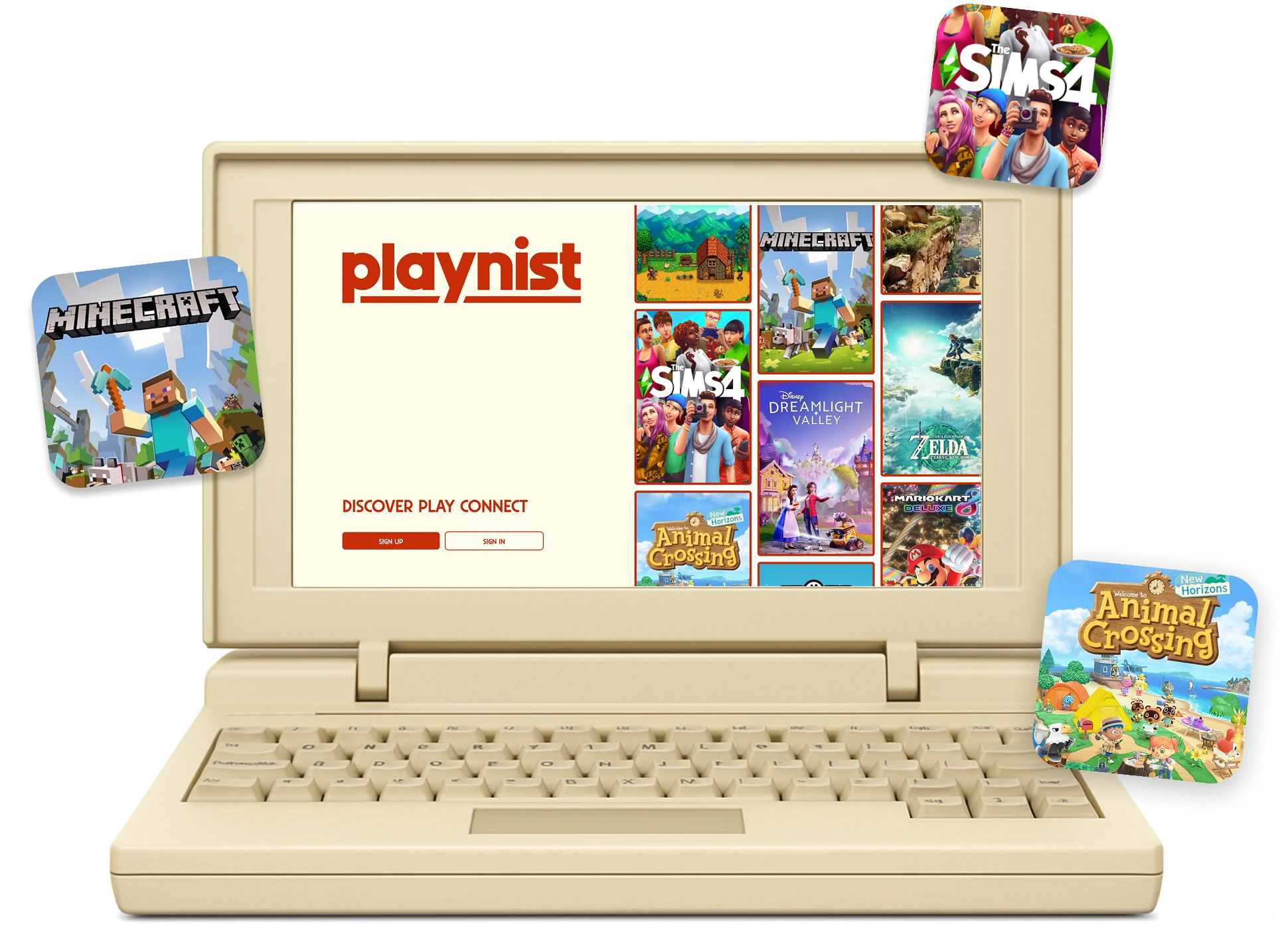 Retro computer displaying Playnist gaming platform with popular game titles, surrounded by floating game icons for Minecraft, The Sims 4, and Animal Crossing: New Horizons.